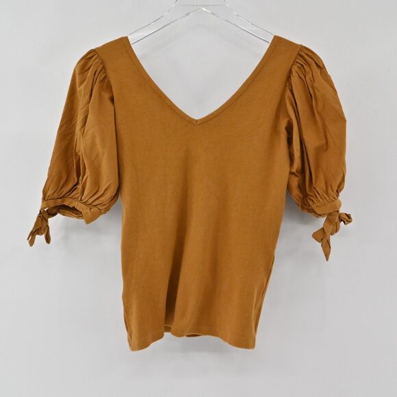 ANTHROPOLOGIE Top Womens Size XS Maeve Puff Sleeve Tie VNeck‎ Mustard Blouse - Picture 5 of 13